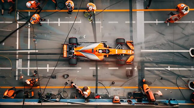Professional pit crew ready for action as their team's race car arrives in the pit lane during a pitstop of a car race, concept of ultimate teamwork, Generative AI