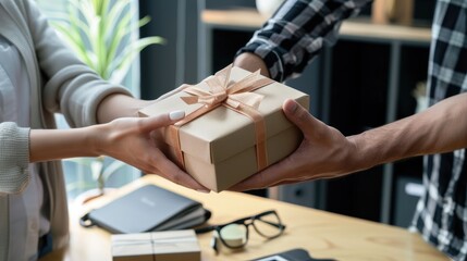 Fototapeta premium Building Team Spirit, Colleague Handing Gift Box in Office Symbolizing Celebration and Teamwork