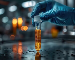 Biomedical Research Concept: Hand in Glove Holding Centrifuge Tube with Biological Sample, Clean Background with Copy Space