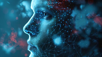 AI-generated face in close-up, merging human and digital elements flawlessly, against a futuristic background with abstract designs. AI human face