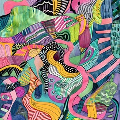 Abstract line art with intricate, overlapping patterns and a mix of bold and pastel colors