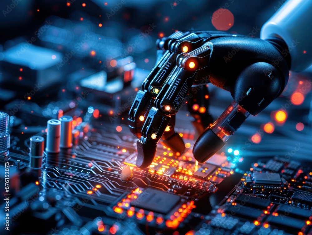 Poster a robotic hand is touching a computer chip