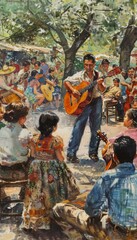 Street Musicians Performing Folk Music at Local Fair with Families and Children in Attendance