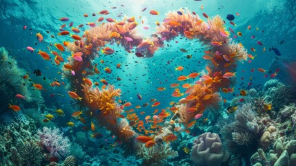 Fototapeta premium Vibrant Heart-Shaped Coral Formation with Colorful Fish in Pristine Underwater Reef