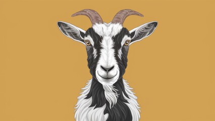 Obraz premium A goat with long horns is shown on a yellow background, AI