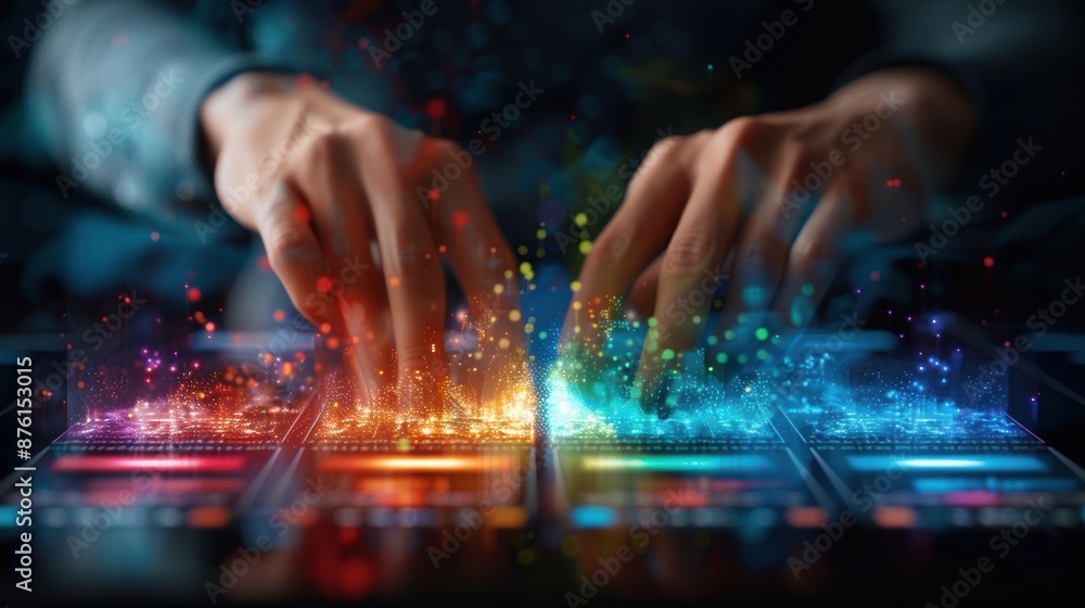 Poster a person is playing a video game with their hands on a colorful keyboard