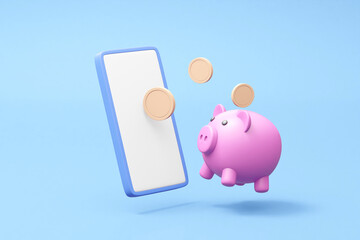 A modern 3D render illustrating the integration of savings and payment management with floating elements of a smartphone, piggy bank, and icons representing saving money, making payments, and earning 
