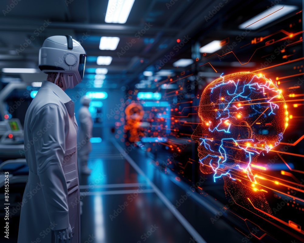 Poster a man in a white lab coat is looking at a computer screen with a brain on it