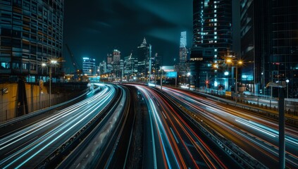 Fototapeta premium High-speed highway in the city, with tall buildings and street lights along it. Long exposure, Cityscape with Light Trails at Night