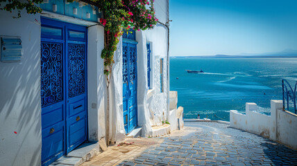 Fototapeta premium Turkish or Greek streets overlooking the sea and Bougainvillea.