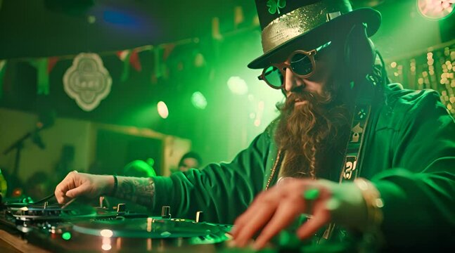 Bearded DJ wears a leprechaun costume and working spinning turntable records at Saint Patrick's Day party