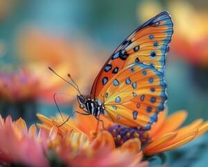Obraz premium Exquisite Butterfly Perched on Vibrant Blossom - Detailed Close-up Nature Photography