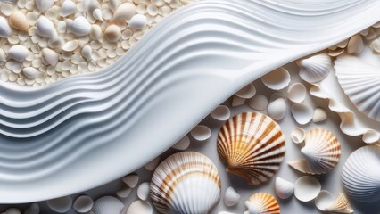 Abstract flowing waves with seashells on white background