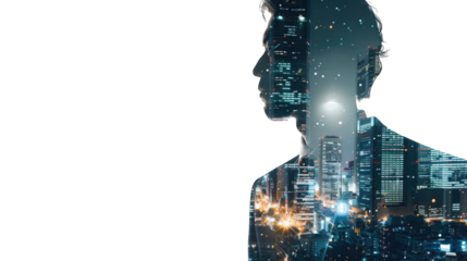 Double exposure of portrait office business workers and building architecture cityscape. creation city concept. Transparent background or PNG file.