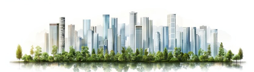 Modern cityscape with skyscrapers and green surroundings reflected in water, showcasing urban development and nature integration.