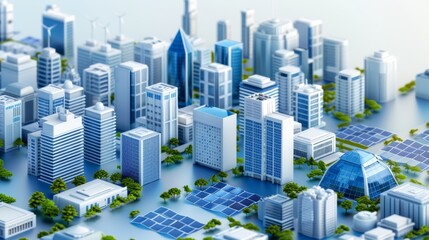 Obraz premium Futuristic smart city with high-rise buildings, renewable energy sources, and green spaces, showcasing advanced urban planning and sustainability.