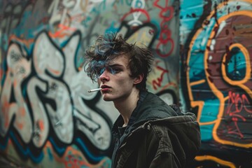 Obraz premium Edgy Urban Portrait of a Young Man Smoking Against Vibrant Graffiti Wall