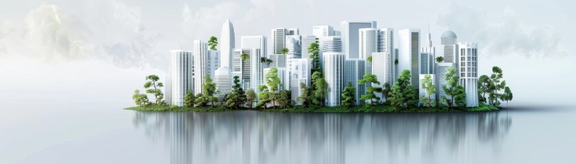 Obraz premium Futuristic cityscape blending nature and urban life, sleek skyscrapers surrounded by greenery, reflecting the balance of eco-friendly architecture.