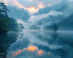 Serene Beauty of Nature: Scenic Dawn View of Misty Lake and Mountain Landscape