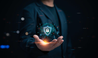 Person holding virtual shield, representing secure access and encrypted connections, with...