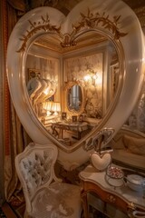 Elegant Room Decor Reflected in Heart-Shaped Mirror for Romantic Interior Design and Inspiration