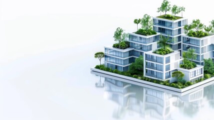 Naklejka premium Modern eco-friendly building with rooftop gardens on white background, reflecting architecture's green future and sustainable design.
