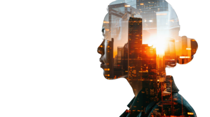 Double exposure of portrait office business workers and building architecture cityscape. creation city concept. Transparent background or PNG file.