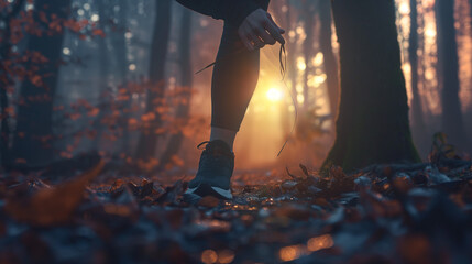 Fototapeta premium A runner tying their shoelaces against the backdrop of a mist-covered forest trail at sunrise. The scene embodies determination and the invigorating feeling of starting the day with a brisk run