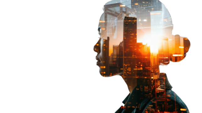 Double exposure of portrait office business workers and building architecture cityscape. creation city concept. Transparent background or PNG file.