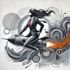 A woman in a business suit riding a rocket, symbolizing ambition and progress. 