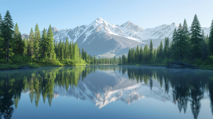 A serene mountain lake surrounded by lush pine forests, with the reflection of the snow-capped peaks mirrored perfectly in the still waters under a clear blue sky