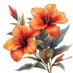 Vibrant Orange Hibiscus Flowers with Leaves on White Background. Detailed view of vibrant orange hibiscus flowers with green leaves on a white background