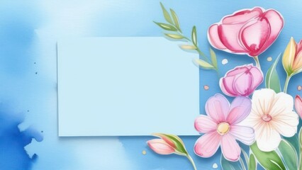 Obraz premium Greeting card with flowers on blue background. Happy Mother's Day, International Wonen's Day, Birthday, anniversary concept
