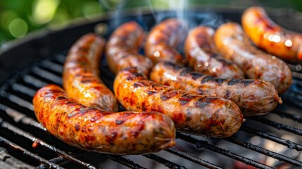 Close Up of Grilled Sausages on a Charcoal Grill. Generative AI