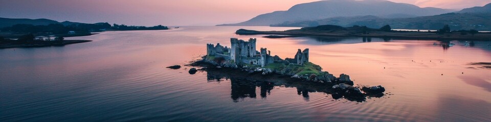 Obraz premium Illustration of a drone view from above of a lonely castle on a small verdant island, drone view of an old and lonely castle on the island at dusk, nature, changing seasons, no one, vacation, vacation