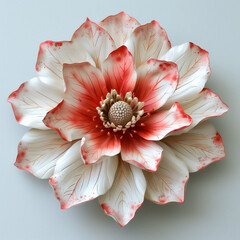 Intricate Red and White Flower Sculpture on White Background. Detailed view of an intricate red and white flower sculpture with textured petals on a white background