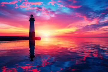 Lighthouse against the sunset sky and calm sea