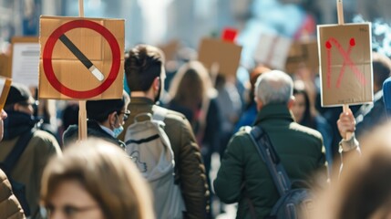 Fototapeta premium Anti-Smoking Demonstration with Diverse Participants Holding Signs and Banners in Urban Street