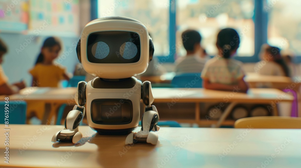 Poster the picture of the robot is staying inside the classroom that has been filled with the children to g