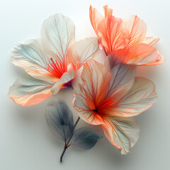 Artistic Blue and Orange Hibiscus Flowers on White Background. Detailed view of artistic blue and orange hibiscus flowers with vibrant petals on a white background