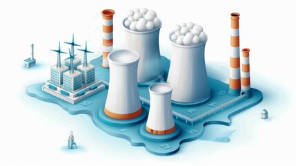 3D illustration of a nuclear power plant with cooling towers, chimneys, and control facility, showcasing energy production technology.