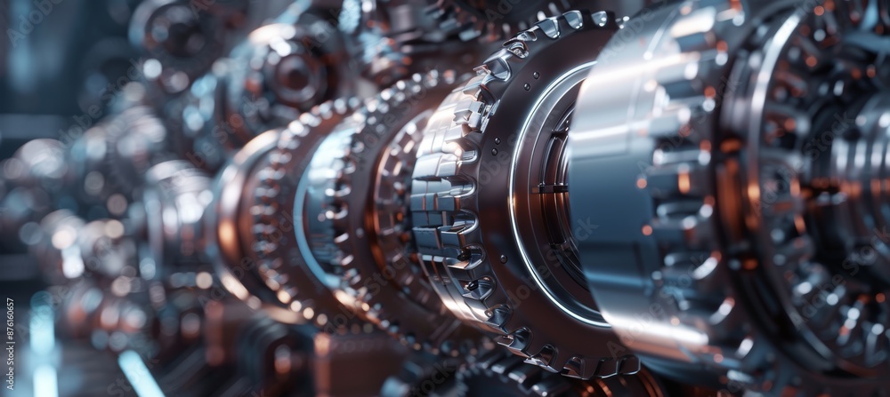 Poster close-up of metallic gears in robotic arm highlighting precision and complexity of modern robotics
