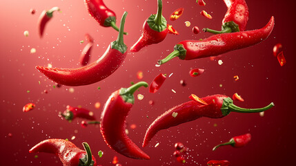 A bunch of red peppers are flying through the air