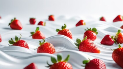 Abstract flowing waves with strawberries on white background with copy space