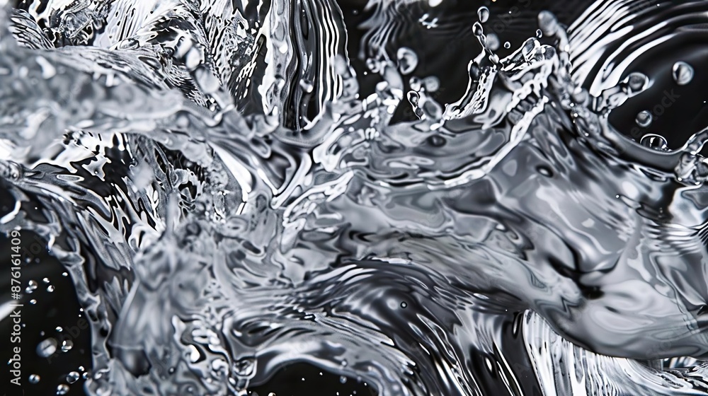 Poster silver liquid with splashes, viewed from above, creating a dynamic background.
