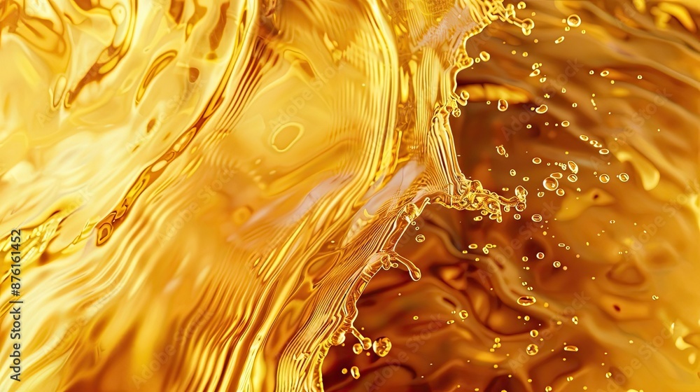 Poster golden liquid with splashes, viewed from above, creating a dynamic background.