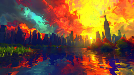 Cityscape Sunset Reflection. generative ai illustration.