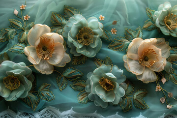 Elegant White Floral Embroidery on Sheer Green Fabric. Detailed view of elegant white floral embroidery on sheer green fabric with delicate leaves