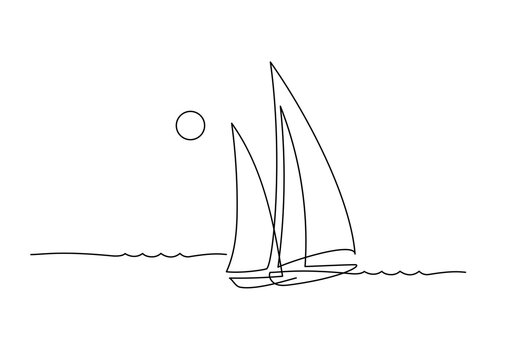 recommend clip art: Yachts on sea waves. Seagull in the sky. Continuous line  drawing illustration. Isolated on white background