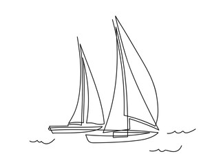 Yachts on sea waves. Seagull in the sky. Continuous line  drawing illustration. Isolated on white background